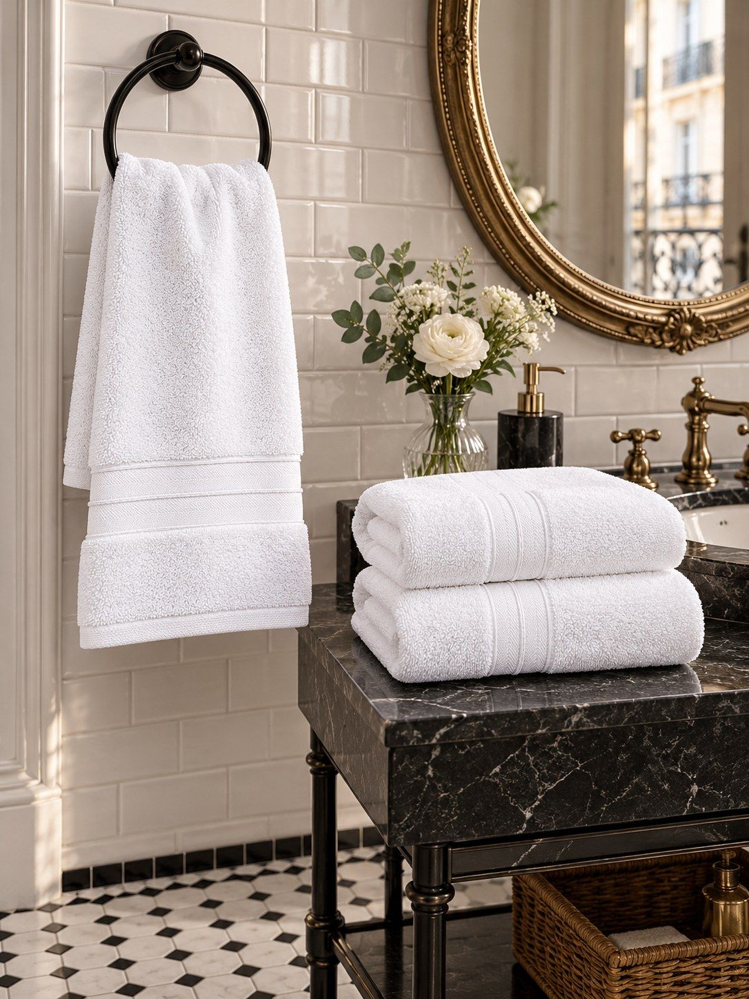 A plain white hotel towel set at a marble washstand.