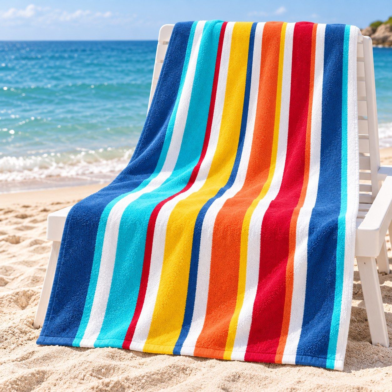 A striped beach towel laid out at full width.