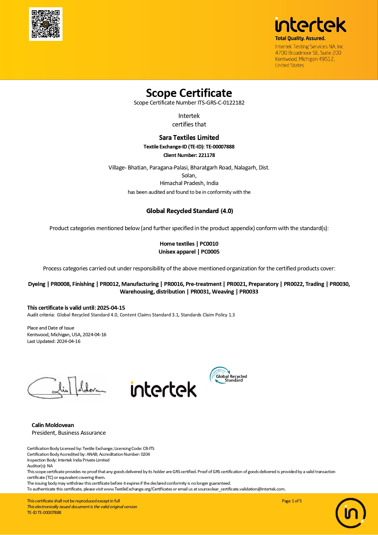 GRS — Global Recycled Standard, 2024–25